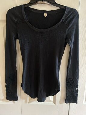 Free People Black Long-Sleeve Scoop Neck Thermal Top with Embroidered Cuffs